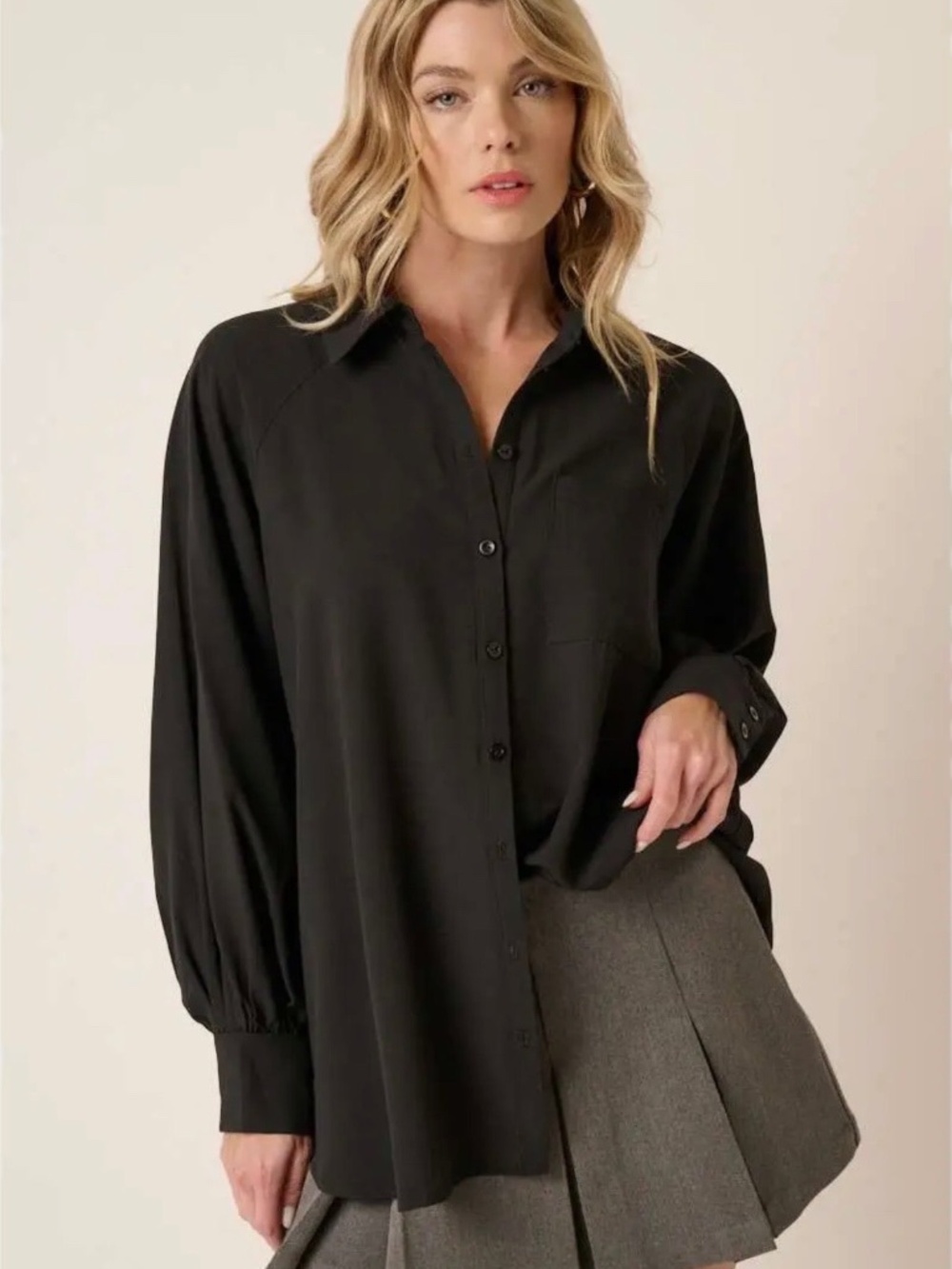 050. Effortless Black Oversized Button Down Tunic Top